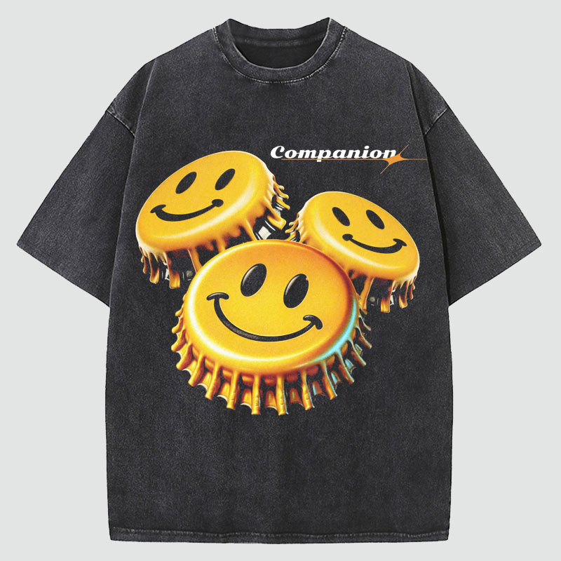 Smiley Print Washed Cotton T-Shirt