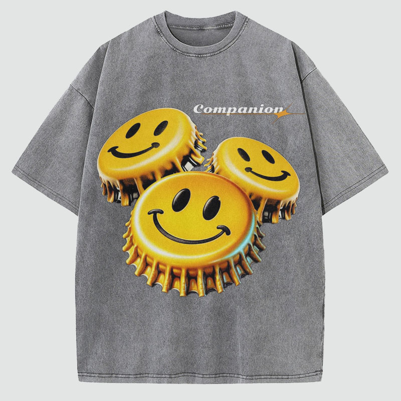 Smiley Print Washed Cotton T-Shirt