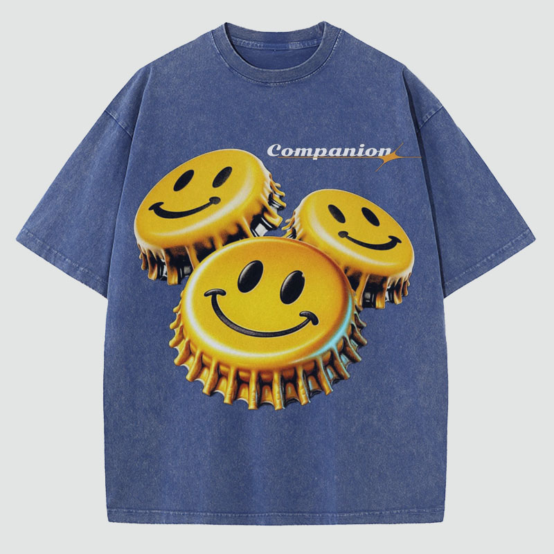 Smiley Print Washed Cotton T-Shirt