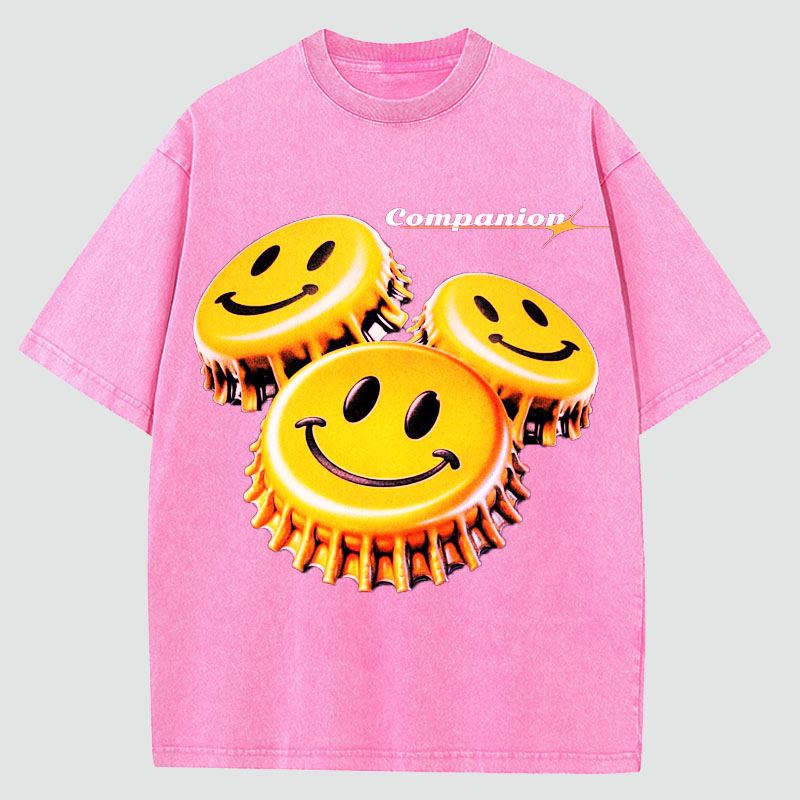 Smiley Print Washed Cotton T-Shirt