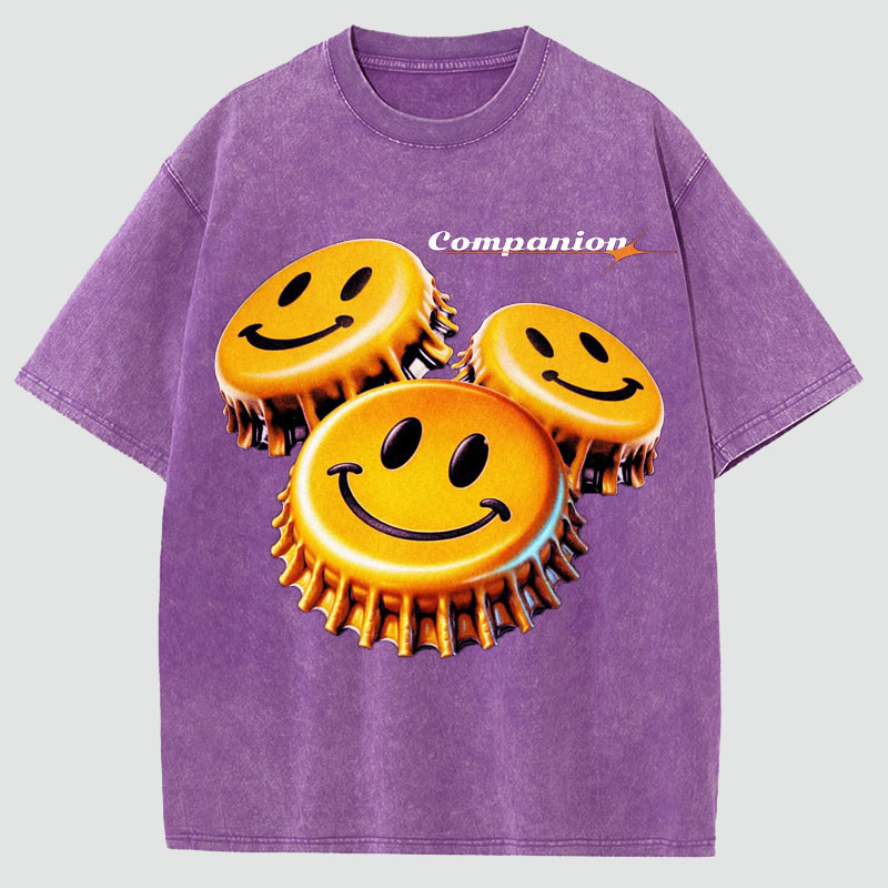 Smiley Print Washed Cotton T-Shirt