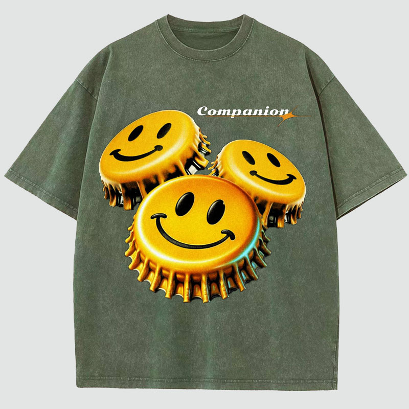 Smiley Print Washed Cotton T-Shirt