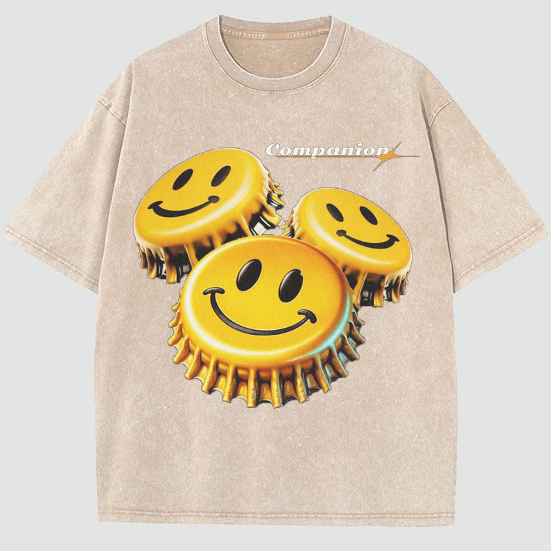 Smiley Print Washed Cotton T-Shirt