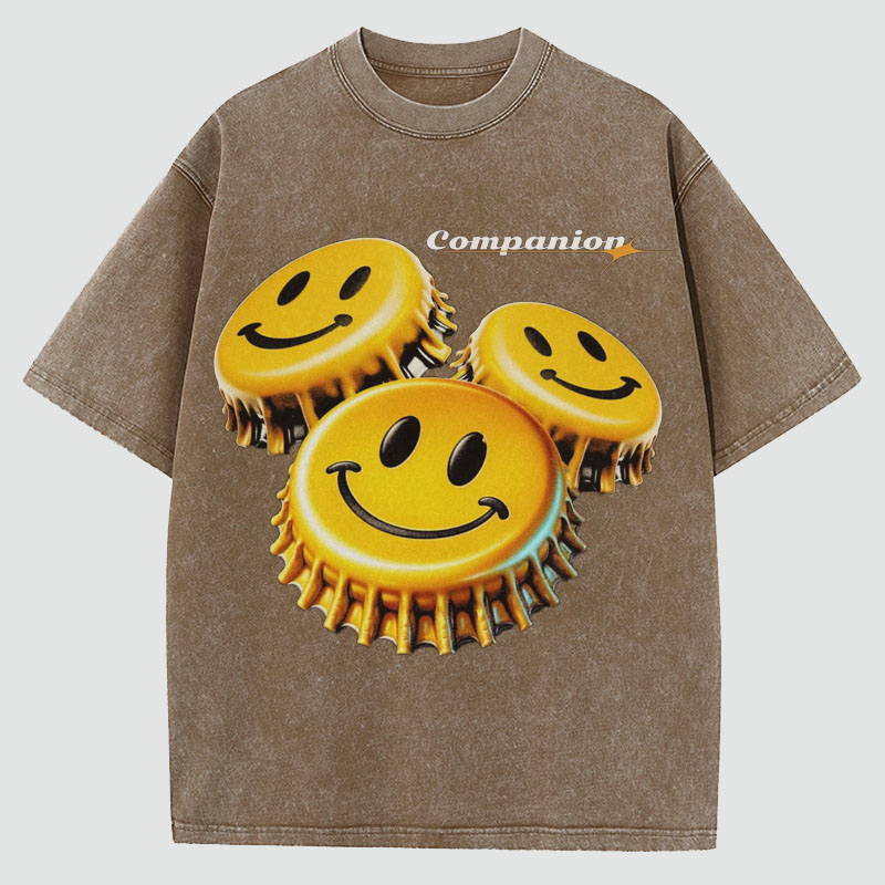 Smiley Print Washed Cotton T-Shirt