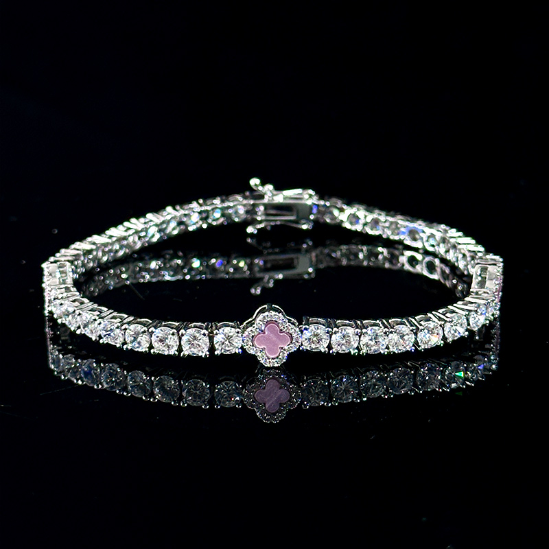 Iced Pink Four Leaf Clover Tennis Bracelet in White Gold