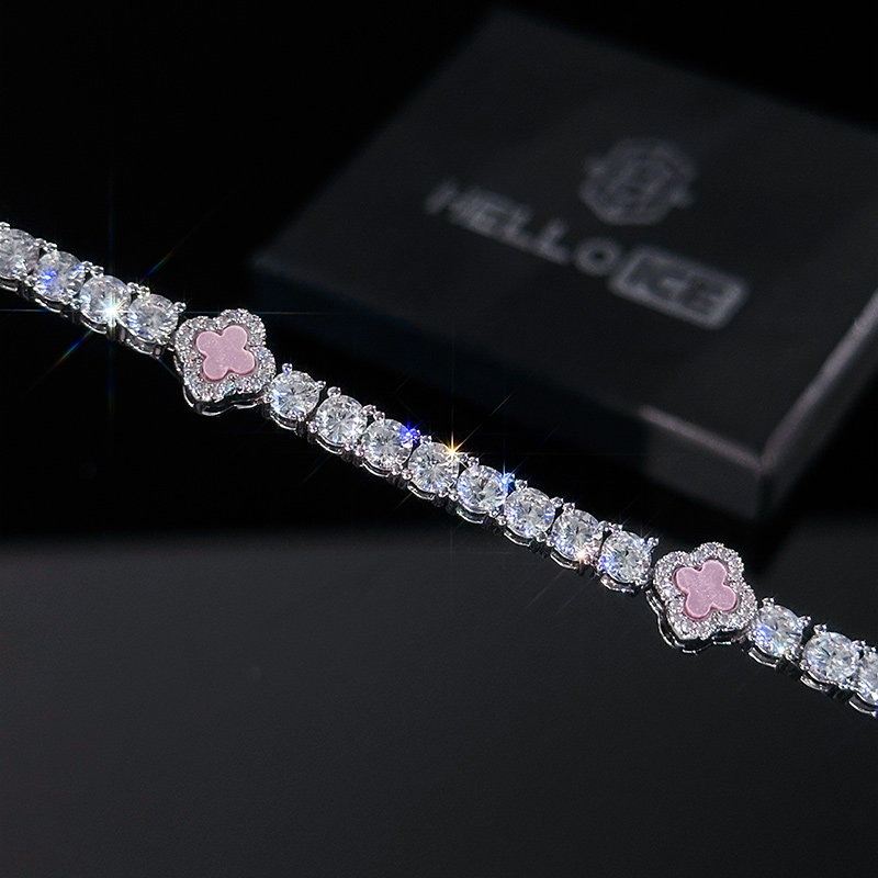 Iced Pink Four Leaf Clover Tennis Bracelet in White Gold