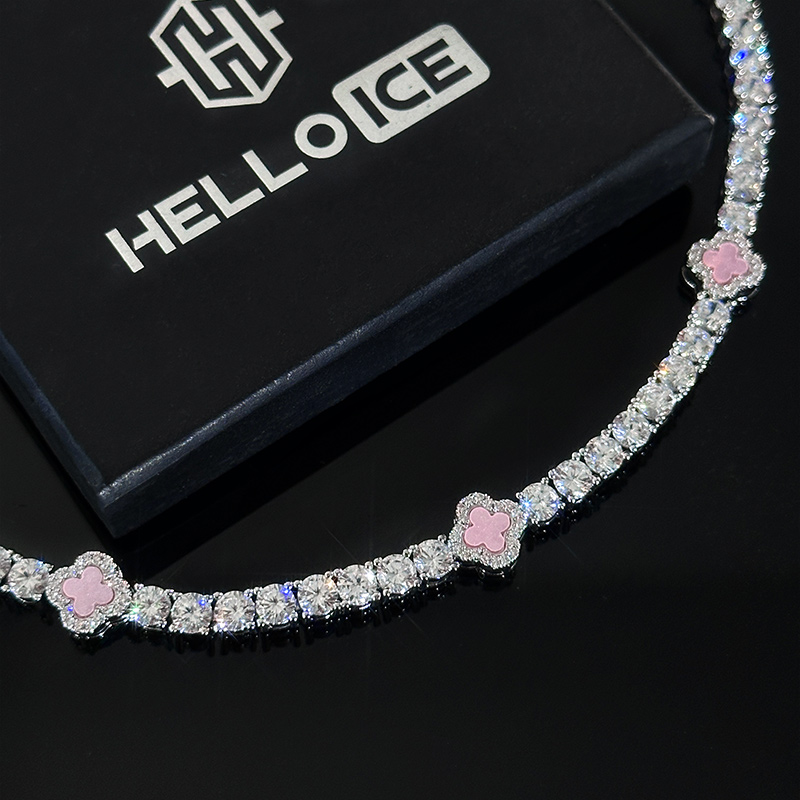 Iced Pink Four Leaf Clover Tennis Bracelet in White Gold