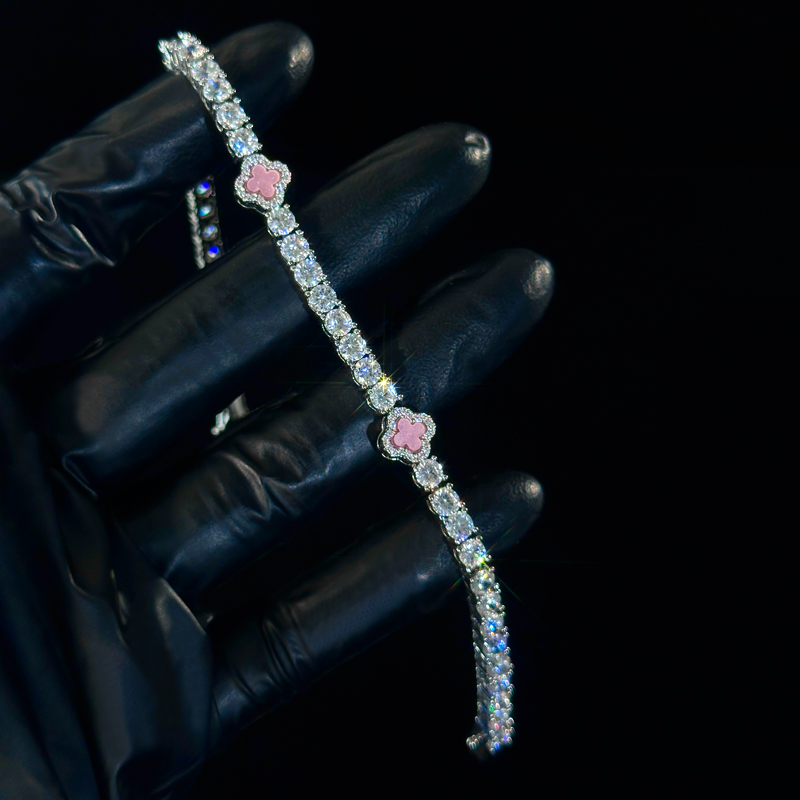 Iced Pink Four Leaf Clover Tennis Bracelet in White Gold