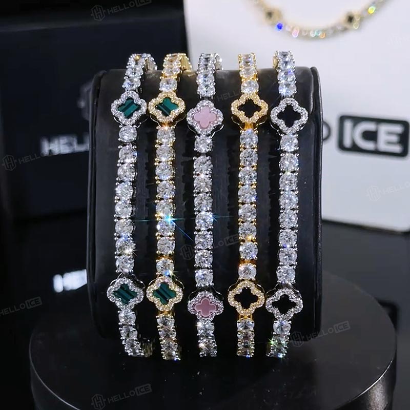 Iced Pink Four Leaf Clover Tennis Bracelet in White Gold