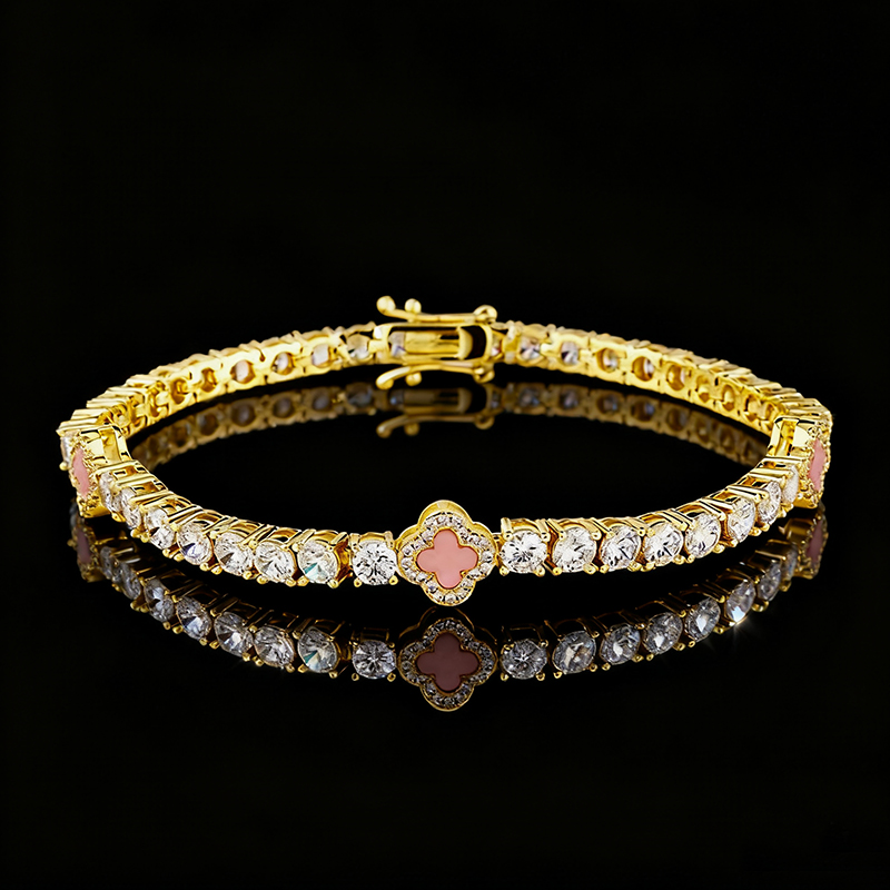 Iced Pink Four Leaf Clover Tennis Bracelet