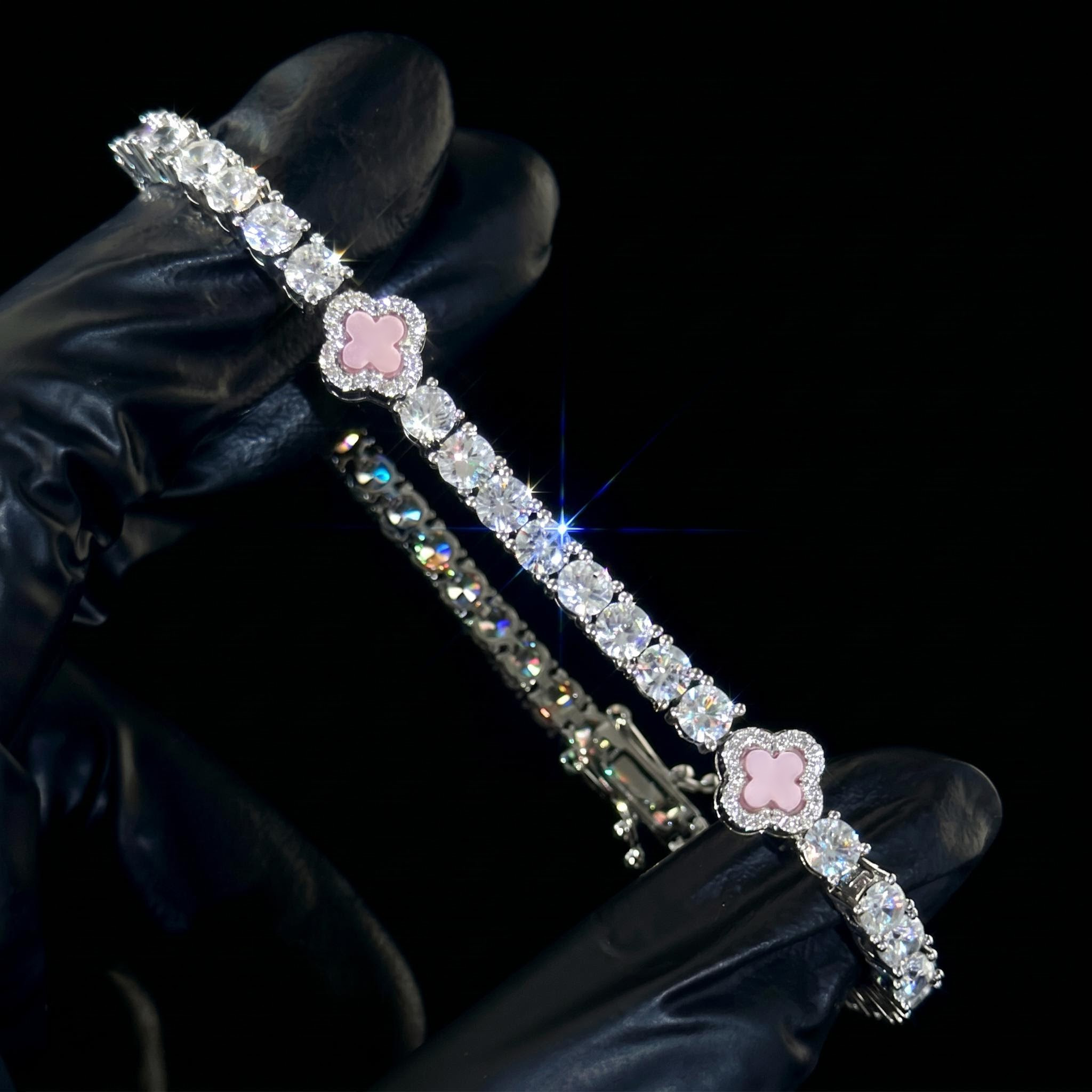 Iced Pink Four Leaf Clover Tennis Bracelet Iced Pink Four Leaf Clover Tennis Bracelet
