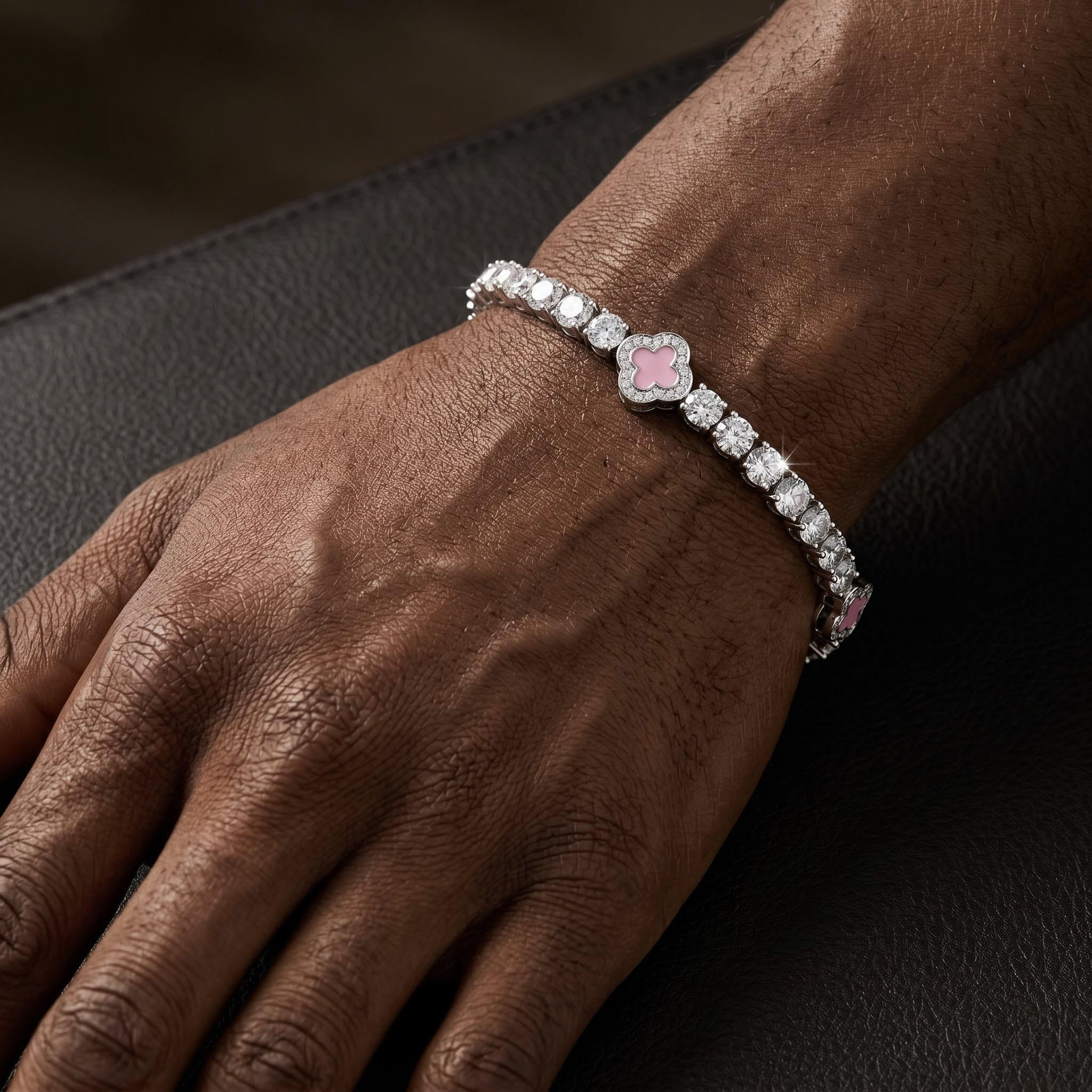 Iced Pink Four Leaf Clover Tennis Bracelet Iced Pink Four Leaf Clover Tennis Bracelet