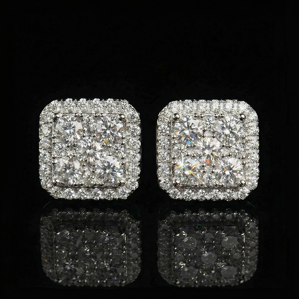 925S & Moissanite Square Full Iced Halo Earrings 925S & Moissanite Square Full Iced Halo Earrings