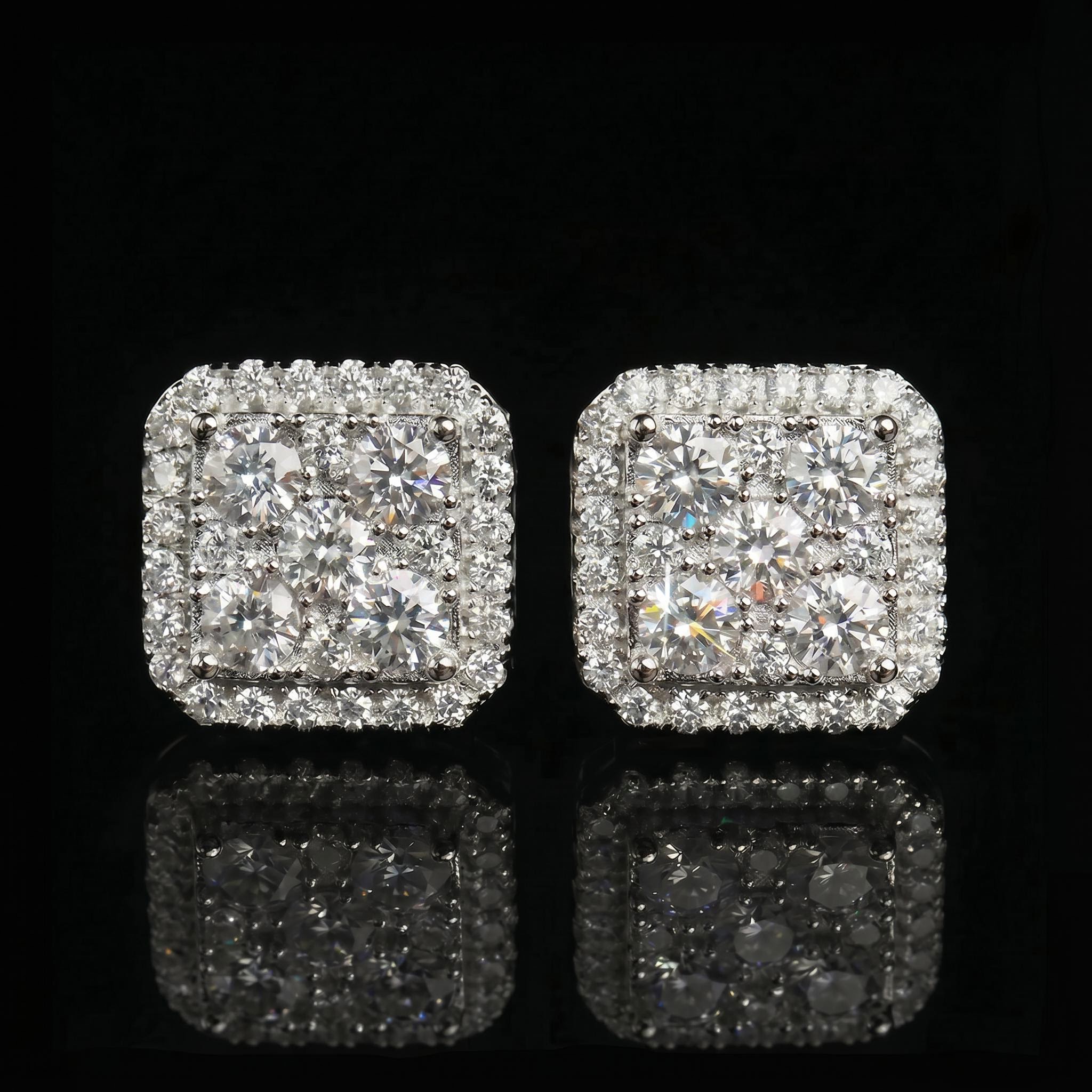 925 Silver & VVS1 Moissanite Square Full Iced Halo Earrings 925 Silver & VVS1 Moissanite Square Full Iced Halo Earrings