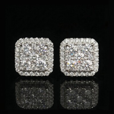 925S & Moissanite Square Full Iced Halo Earrings