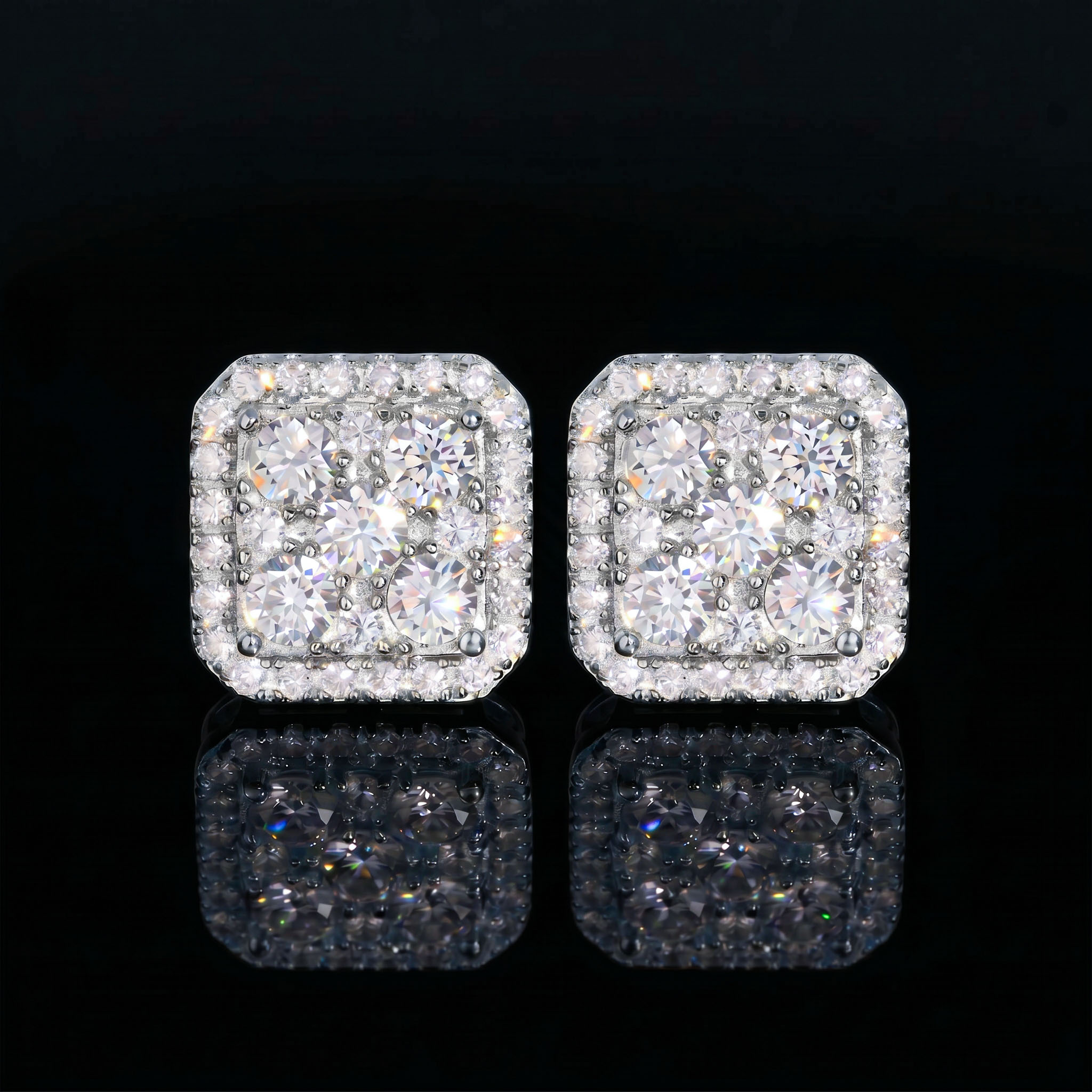 925 Silver & VVS1 Moissanite Square Full Iced Halo Earrings 925 Silver & VVS1 Moissanite Square Full Iced Halo Earrings