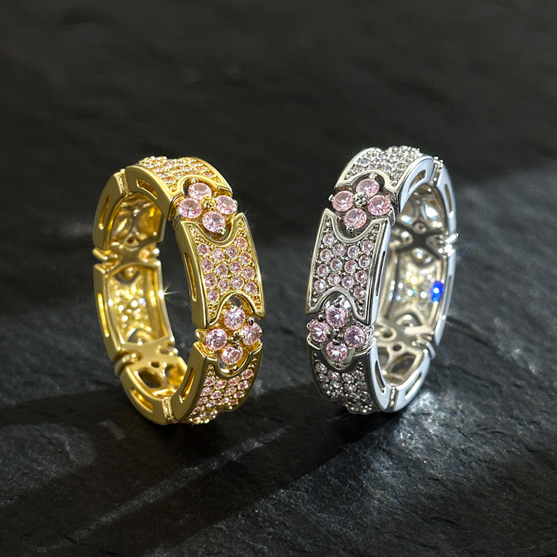 Iced Micro Paved Pink Stone Four Leaf Clover Ring