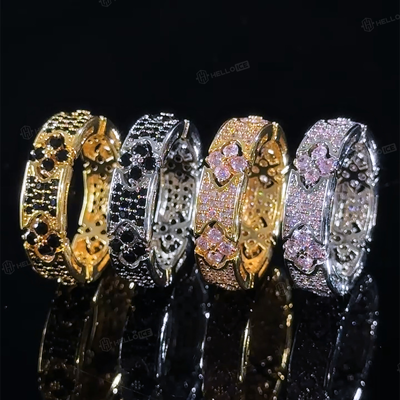Iced Micro Paved Pink Stone Four Leaf Clover Ring