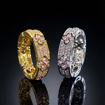 Iced Micro Paved Pink Stone Four Leaf Clover Ring