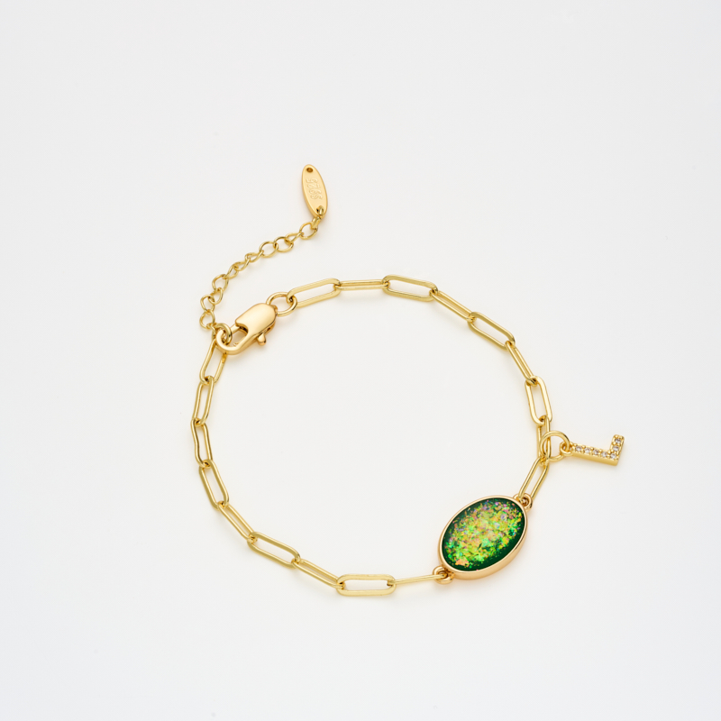 Letters & Oval Colored Gemstone Paperclip Chain Bracelet