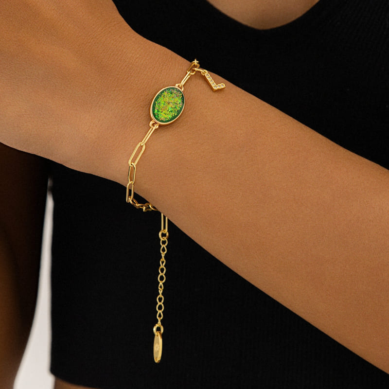 Letters & Oval Colored Gemstone Paperclip Chain Bracelet