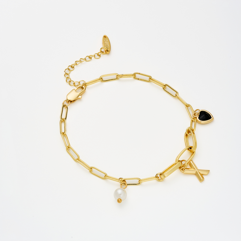 Letters & Heart-shaped Gemstone Paperclip Chain Bracelet with Pearl Charm Letters & Heart-shaped Gemstone Paperclip Chain Bracelet with Pearl Charm