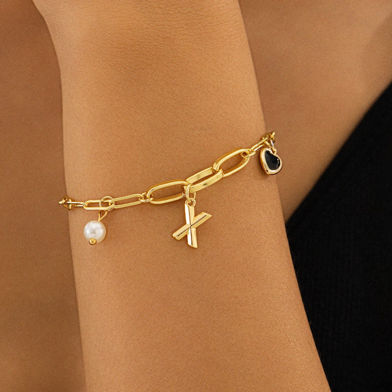 Letters & Heart-shaped Gemstone Paperclip Chain Bracelet with Pearl Charm Letters & Heart-shaped Gemstone Paperclip Chain Bracelet with Pearl Charm