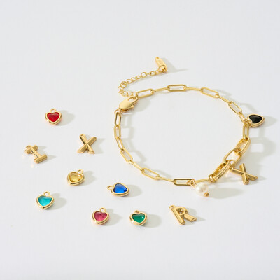 Letters & Heart-shaped Gemstone Paperclip Chain Bracelet with Pearl Charm