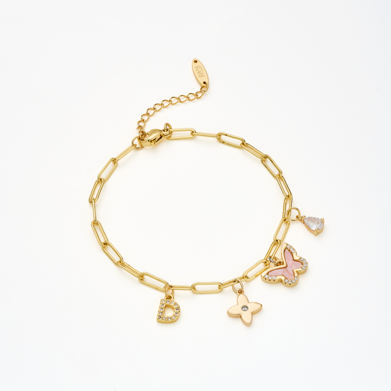 Custom Letter with Four Leaf Clover & Butterfly Charm Paper Clip Bracelet Custom Letter with Four Leaf Clover & Butterfly Charm Paper Clip Bracelet