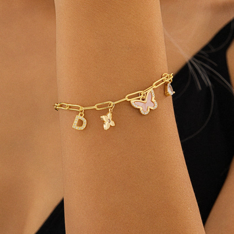 Custom Letter with Four Leaf Clover & Butterfly Charm Paper Clip Bracelet Custom Letter with Four Leaf Clover & Butterfly Charm Paper Clip Bracelet