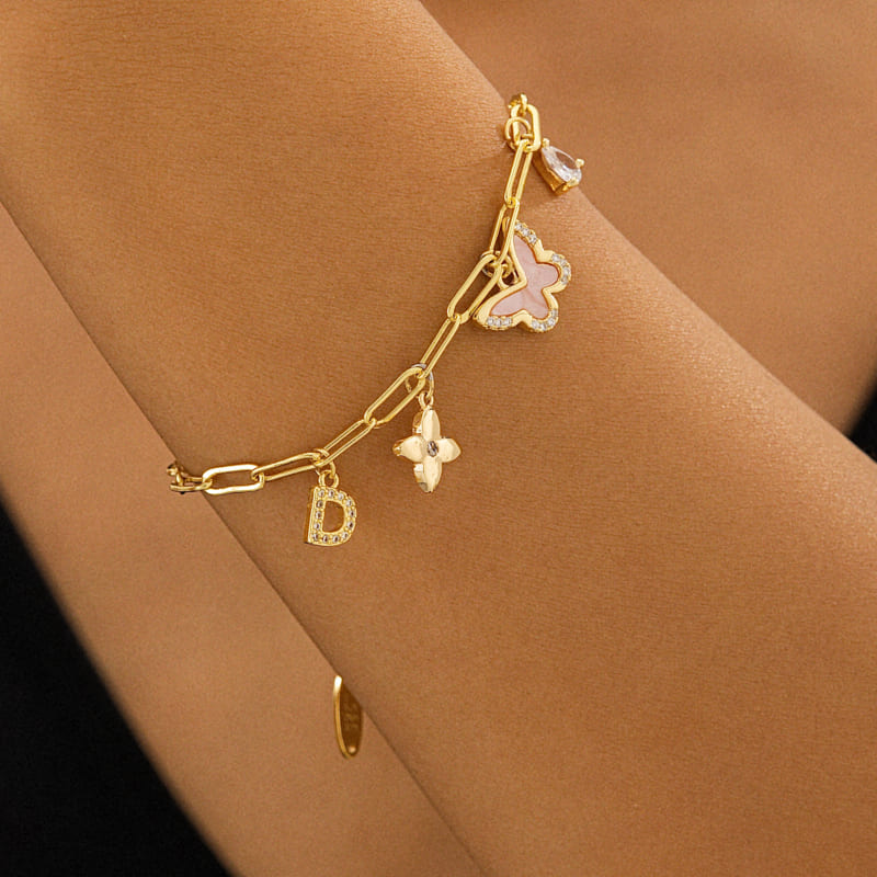 Custom Letter with Four Leaf Clover & Butterfly Charm Paper Clip Bracelet Custom Letter with Four Leaf Clover & Butterfly Charm Paper Clip Bracelet