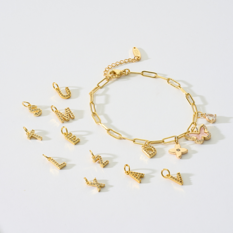 Custom Letter with Four Leaf Clover & Butterfly Charm Paper Clip Bracelet Custom Letter with Four Leaf Clover & Butterfly Charm Paper Clip Bracelet