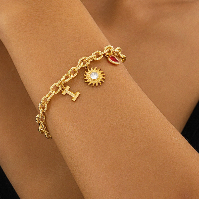 Custom Letters & Heart-shaped Gemstone Paperclip Twist Bracelet with Sun Custom Letters & Heart-shaped Gemstone Paperclip Twist Bracelet with Sun