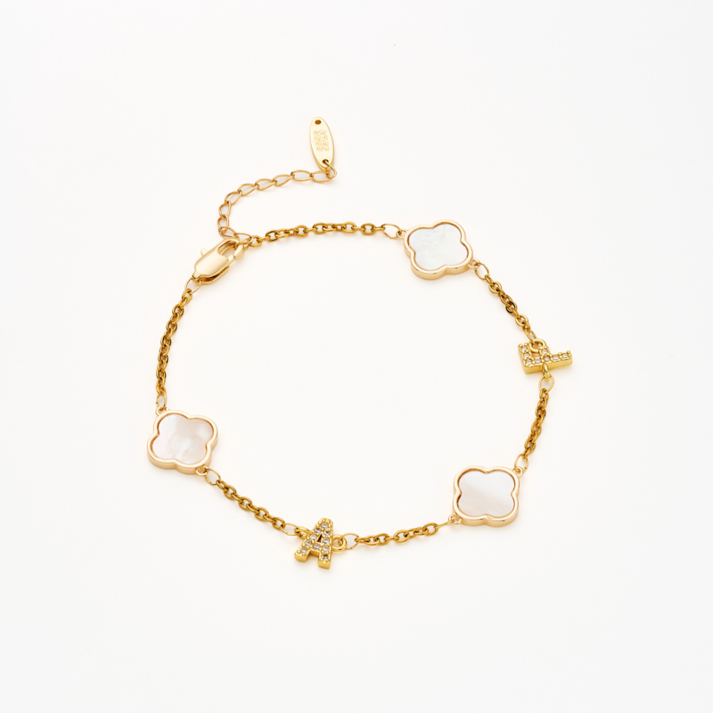 Letter & Multiple Shell Clover Chain Bracelet