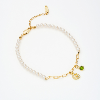 Elegant Pearl & Letter Paper Clip Bracelet with Colored Gemstone