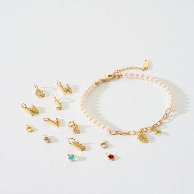 Elegant Pearl & Letter Paper Clip Bracelet with Colored Gemstone