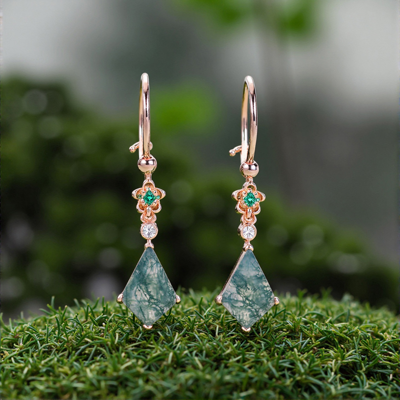 2.58CT Kite Cut Moss Agate & Round Cut Moissanite Floral Emerald Accented S925 Silver Earrings