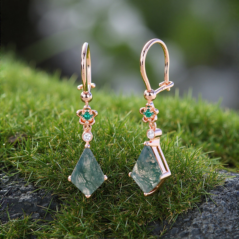 2.58CT Kite Cut Moss Agate & Round Cut Moissanite Floral Emerald Accented S925 Silver Earrings
