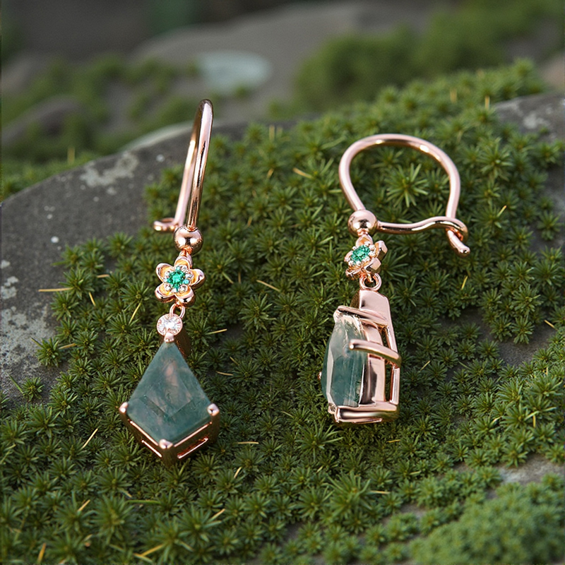 2.58CT Kite Cut Moss Agate & Round Cut Moissanite Floral Emerald Accented S925 Silver Earrings