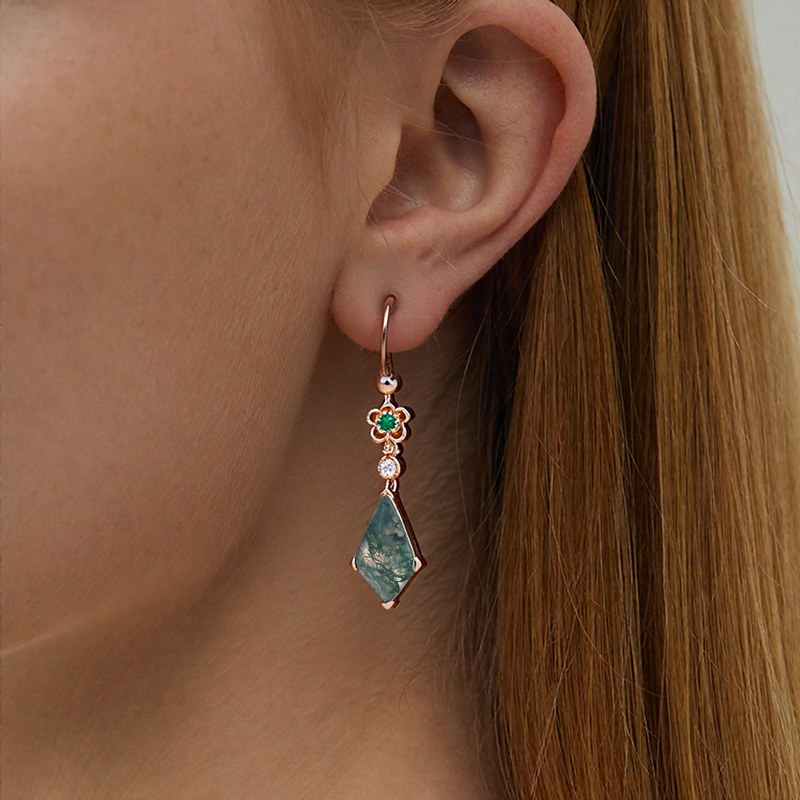 2.58CT Kite Cut Moss Agate & Round Cut Moissanite Floral Emerald Accented S925 Silver Earrings