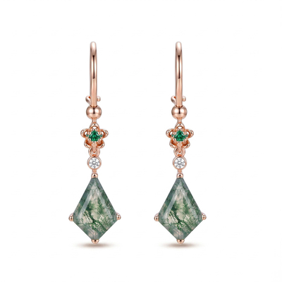 2.58CT Kite Cut Moss Agate & Round Cut Moissanite Floral Emerald Accented S925 Silver Earrings