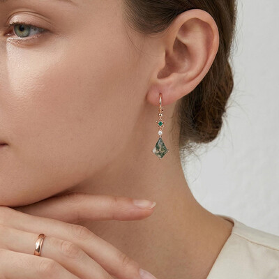 2.58CT Kite Cut Moss Agate & Round Cut Moissanite Floral Emerald Accented S925 Silver Earrings