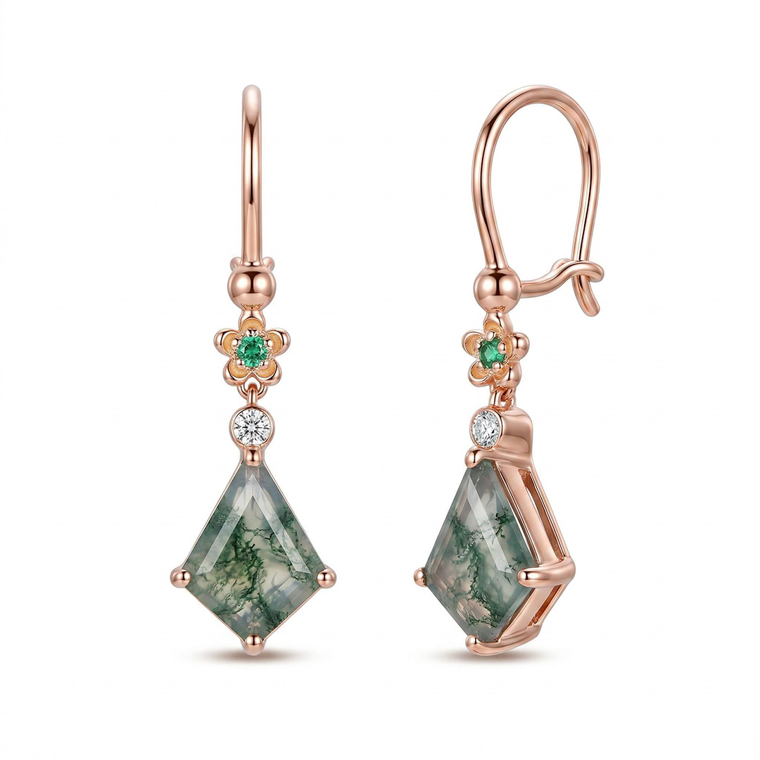 2.58CT Kite Cut Moss Agate & Round Cut Moissanite Floral Emerald Accented S925 Silver Earrings