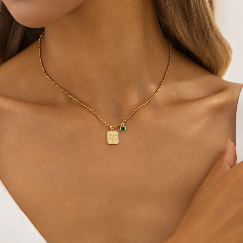 Alphabet & Colored Gemstone Pendant Necklace with Beaded Ball Chain Alphabet & Colored Gemstone Pendant Necklace with Beaded Ball Chain