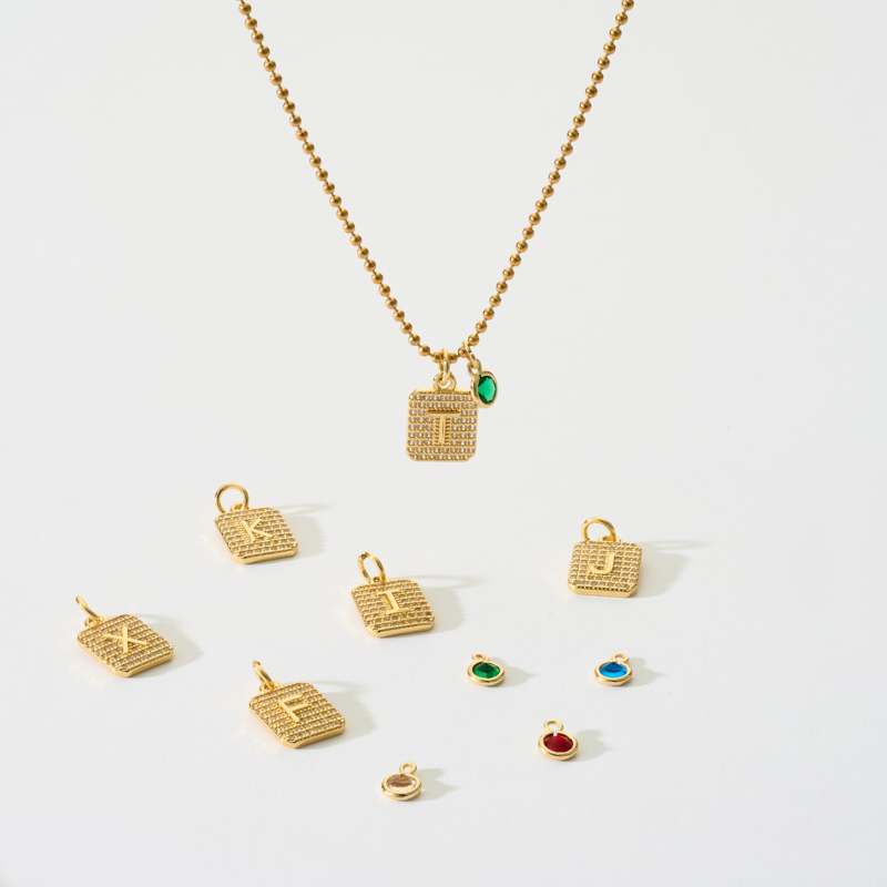 Alphabet & Colored Gemstone Pendant Necklace with Beaded Ball Chain Alphabet & Colored Gemstone Pendant Necklace with Beaded Ball Chain