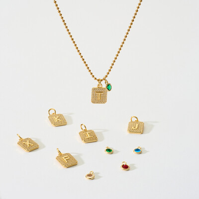 Alphabet & Colored Gemstone Pendant Necklace with Beaded Ball Chain