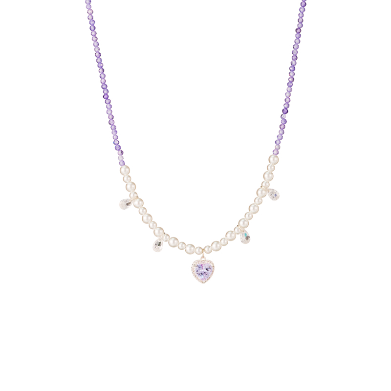 Unique White Pearl & Amethyst Crystal Necklace with Heart Pendant