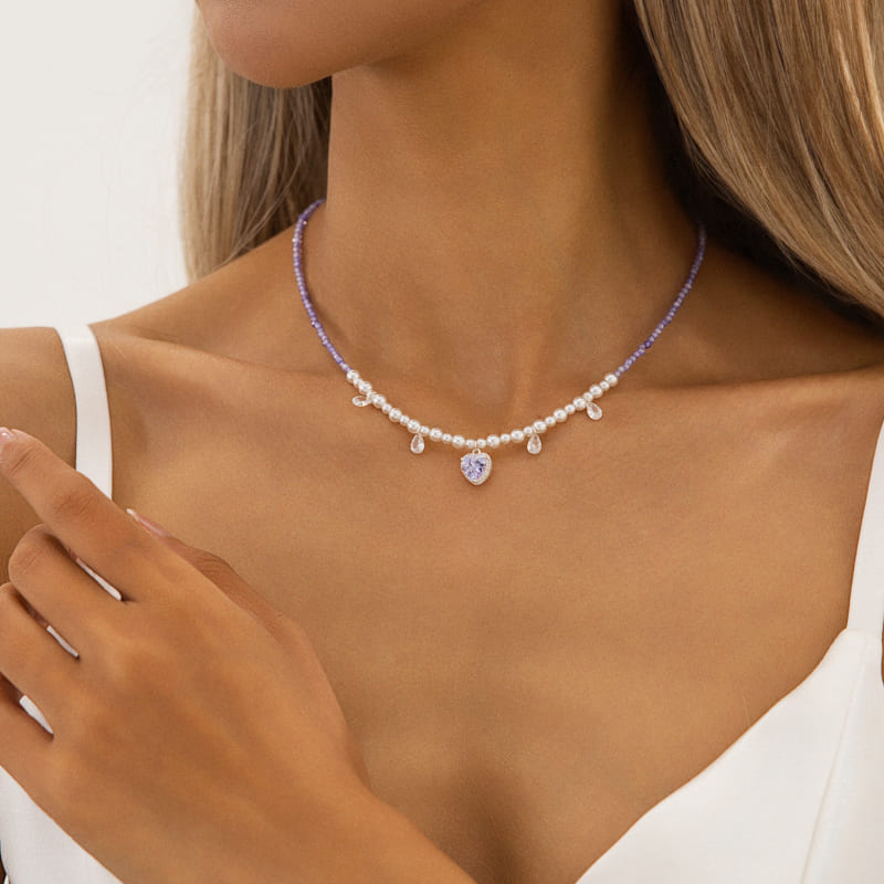 Unique White Pearl & Amethyst Crystal Necklace with Heart Pendant