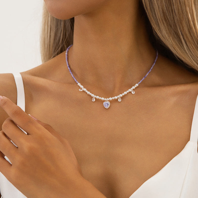 Unique White Pearl & Amethyst Crystal Necklace with Heart Pendant