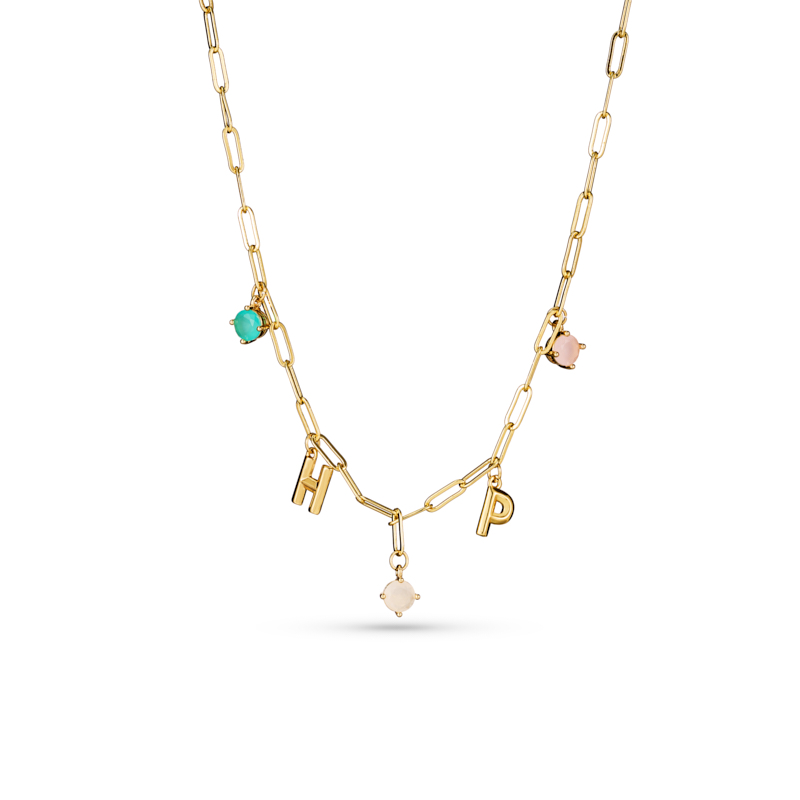 Letter & Colored Gemstones Paper Clip Link Charm Necklace Letter & Colored Gemstones Paper Clip Link Charm Necklace